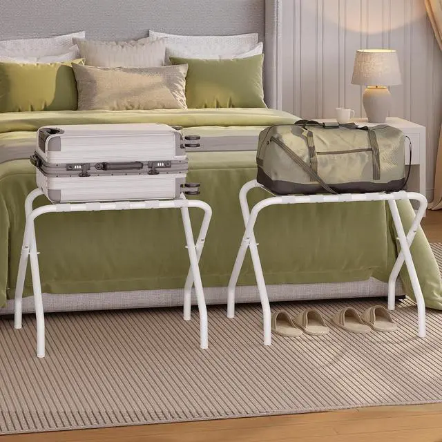 Alt view image 4 of 7 - Luggage Rack, Metal Foldable Suitcase Stand for Guest Room, Holds up to 100 lb, 27 x 15.3 x 22 Inches, Steel Frame, Nylon Straps, Hotel, Bedroom, Closet, White WT02XL01
