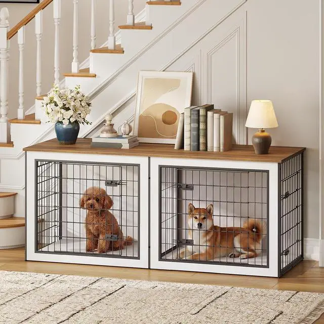 Alt view image 7 of 7 - Dog Crate Furniture for 2 Dogs, 63" Large Double Dog Crate Furniture with Divider, Wooden Indoor Kennel TV Stand for Medium Large Dogs, White and Walnut WH55GW03
