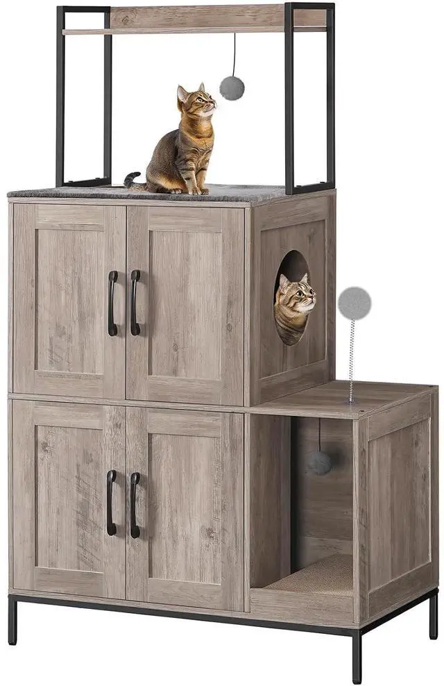 Main image of Cat Litter Box Enclosure Furniture, 2 in 1 Hidden Litter Box Furniture with Shelf, Double Litter Box Cabinet with 2 Dangling Plush Balls and 1 Toy Ball, Greige and Black BG78MW01