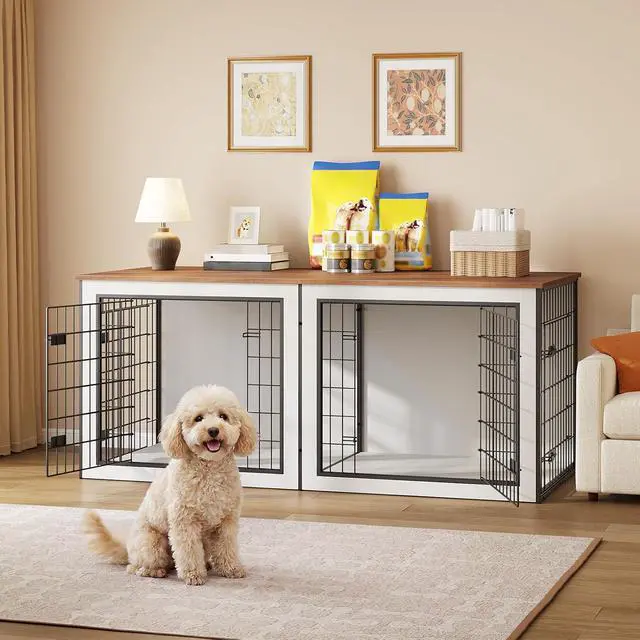 Alt view image 6 of 7 - Dog Crate Furniture for 2 Dogs, 63" Large Double Dog Crate Furniture with Divider, Wooden Indoor Kennel TV Stand for Medium Large Dogs, White and Walnut WH55GW03
