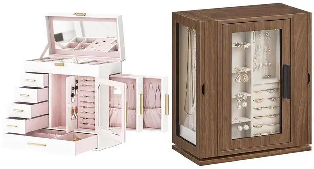 Main image of Jewelry Box with Mirror, Jewelry Organizer Box with Capacious Storage Space and 360° Rotating Jewelry Box, Wooden Jewelry Organizer Bundle, WT06JB04G1-BH30JB04