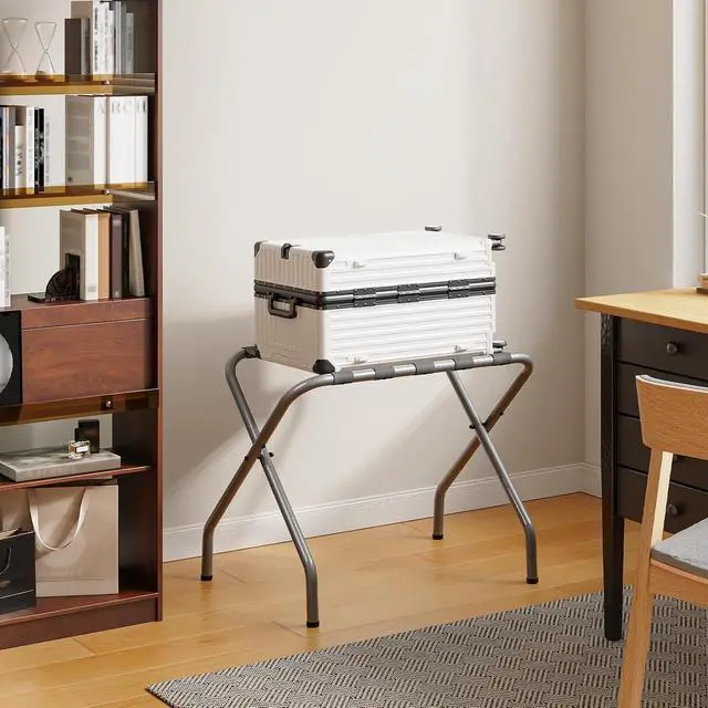 Alt view image 4 of 7 - Luggage Rack, Metal Foldable Suitcase Stand for Guest Room, Holds up to 100 lb, 27 x 15.3 x 22 Inches, Steel Frame, Nylon Straps, Hotel, Bedroom, Closet, Gray GY02XL01