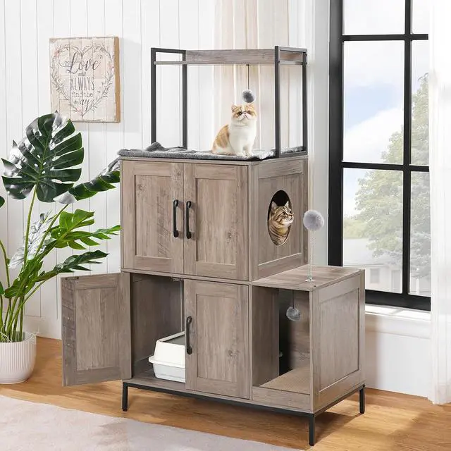 Alt view image 2 of 7 - Cat Litter Box Enclosure Furniture, 2 in 1 Hidden Litter Box Furniture with Shelf, Double Litter Box Cabinet with 2 Dangling Plush Balls and 1 Toy Ball, Greige and Black BG78MW01