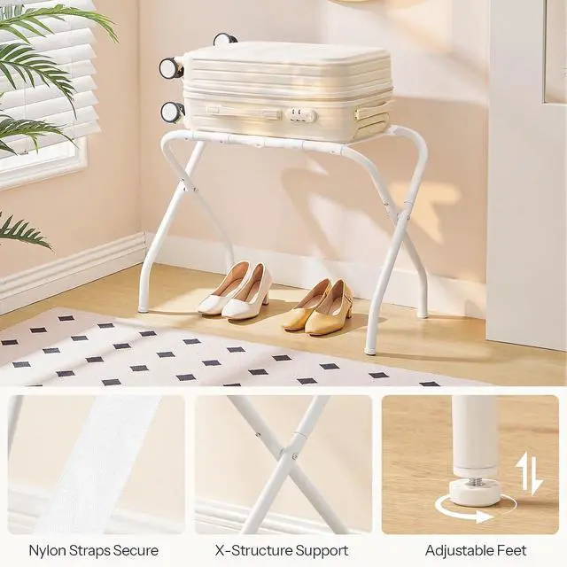 Alt view image 7 of 7 - Luggage Rack, Metal Foldable Suitcase Stand for Guest Room, Holds up to 100 lb, 27 x 15.3 x 22 Inches, Steel Frame, Nylon Straps, Hotel, Bedroom, Closet, White WT02XL01