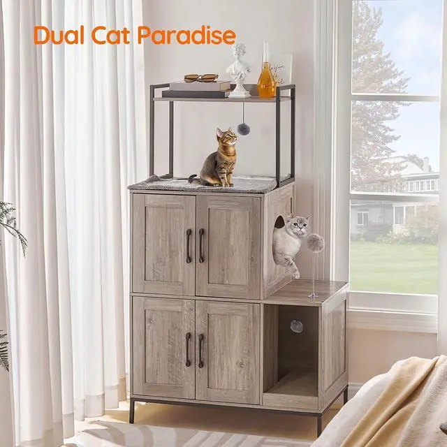 Alt view image 3 of 7 - Cat Litter Box Enclosure Furniture, 2 in 1 Hidden Litter Box Furniture with Shelf, Double Litter Box Cabinet with 2 Dangling Plush Balls and 1 Toy Ball, Greige and Black BG78MW01