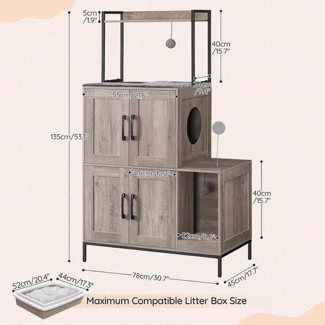Alt view image 4 of 7 - Cat Litter Box Enclosure Furniture, 2 in 1 Hidden Litter Box Furniture with Shelf, Double Litter Box Cabinet with 2 Dangling Plush Balls and 1 Toy Ball, Greige and Black BG78MW01
