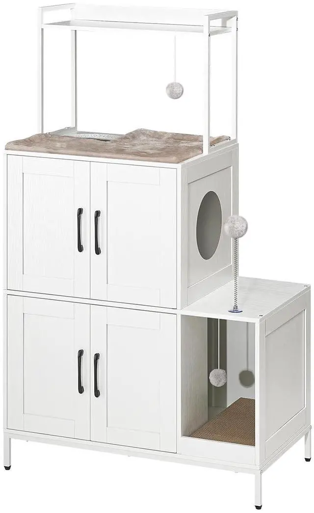 Main image of Litter Box Enclosure, Litter Box Furniture with Storage, 2-in-1 Hidden Cat Furniture with Shelf, 2 Dangling Plush Balls and 1 Toy Ball, Large Wooden Cat Washroom, White WT78MW01