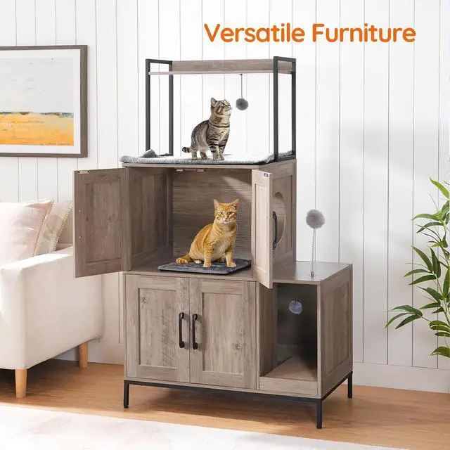 Alt view image 5 of 7 - Cat Litter Box Enclosure Furniture, 2 in 1 Hidden Litter Box Furniture with Shelf, Double Litter Box Cabinet with 2 Dangling Plush Balls and 1 Toy Ball, Greige and Black BG78MW01