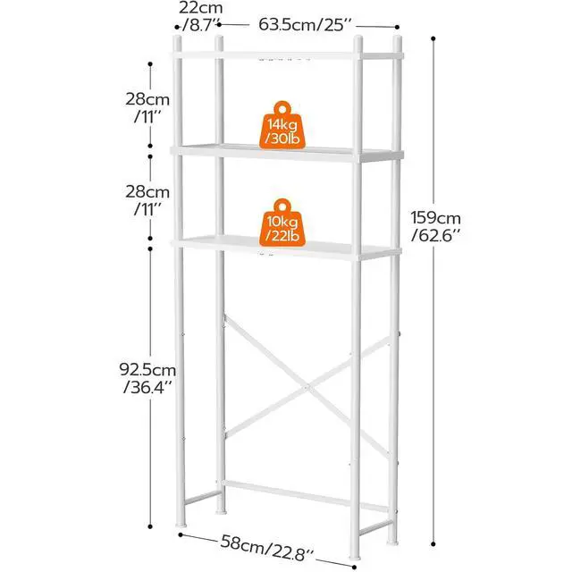 Alt view image 3 of 7 - Over the Toilet Storage, 3-Tier Over Toilet Bathroom Organizer, Freestanding Above Toilet Shelf with Adjustable Feet, Space Saving, Easy Assembly, White WW63TS01