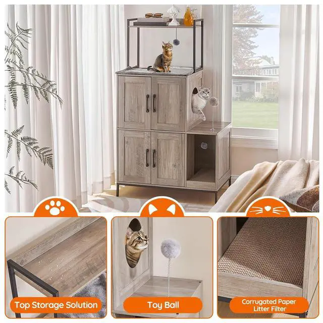 Alt view image 7 of 7 - Cat Litter Box Enclosure Furniture, 2 in 1 Hidden Litter Box Furniture with Shelf, Double Litter Box Cabinet with 2 Dangling Plush Balls and 1 Toy Ball, Greige and Black BG78MW01