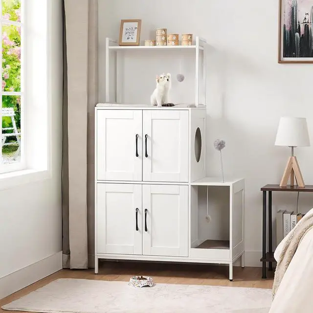 Alt view image 2 of 7 - Litter Box Enclosure, Litter Box Furniture with Storage, 2-in-1 Hidden Cat Furniture with Shelf, 2 Dangling Plush Balls and 1 Toy Ball, Large Wooden Cat Washroom, White WT78MW01