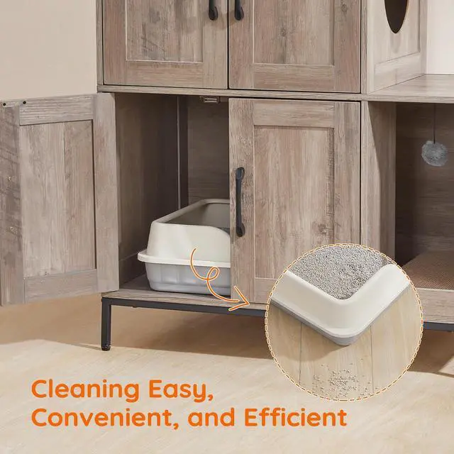 Alt view image 6 of 7 - Cat Litter Box Enclosure Furniture, 2 in 1 Hidden Litter Box Furniture with Shelf, Double Litter Box Cabinet with 2 Dangling Plush Balls and 1 Toy Ball, Greige and Black BG78MW01