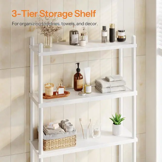 Alt view image 5 of 7 - Over the Toilet Storage, 3-Tier Over Toilet Bathroom Organizer, Freestanding Above Toilet Shelf with Adjustable Feet, Space Saving, Easy Assembly, White WW63TS01