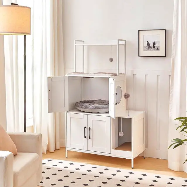 Alt view image 4 of 7 - Litter Box Enclosure, Litter Box Furniture with Storage, 2-in-1 Hidden Cat Furniture with Shelf, 2 Dangling Plush Balls and 1 Toy Ball, Large Wooden Cat Washroom, White WT78MW01