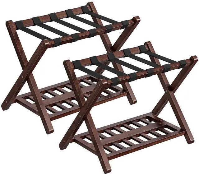 Main image of Luggage Racks, Set of 2 Bamboo Suitcase Stands, Folding Luggage Holders, Nylon Strap Support Top, for Guest Room, Hotel, Bedroom, Closet, Dark Brown BR18XLP201