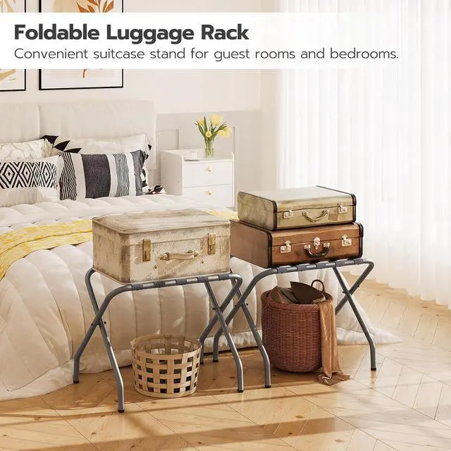 Alt view image 2 of 7 - Luggage Rack, Pack of 2, Metal Foldable Suitcase Stand for Guest Room, Holds up to 100 lb, 27 x 15.3 x 22 Inches, Steel Frame, Nylon Straps, Hotel, Bedroom, Closet, Gray GY02XLP201