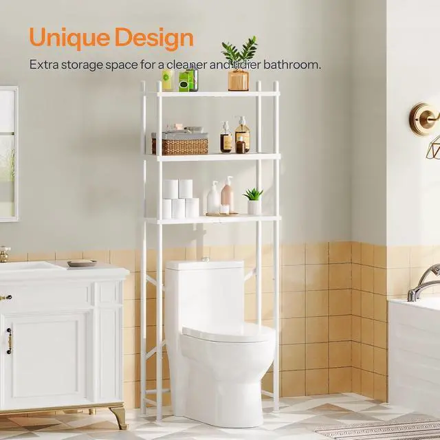 Alt view image 2 of 7 - Over the Toilet Storage, 3-Tier Over Toilet Bathroom Organizer, Freestanding Above Toilet Shelf with Adjustable Feet, Space Saving, Easy Assembly, White WW63TS01