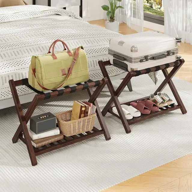 Alt view image 2 of 7 - Luggage Racks, Set of 2 Bamboo Suitcase Stands, Folding Luggage Holders, Nylon Strap Support Top, for Guest Room, Hotel, Bedroom, Closet, Dark Brown BR18XLP201