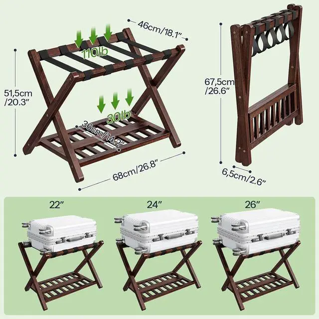 Alt view image 4 of 7 - Luggage Racks, Set of 2 Bamboo Suitcase Stands, Folding Luggage Holders, Nylon Strap Support Top, for Guest Room, Hotel, Bedroom, Closet, Dark Brown BR18XLP201