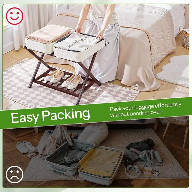 Alt view image 5 of 7 - Luggage Racks, Set of 2 Bamboo Suitcase Stands, Folding Luggage Holders, Nylon Strap Support Top, for Guest Room, Hotel, Bedroom, Closet, Dark Brown BR18XLP201