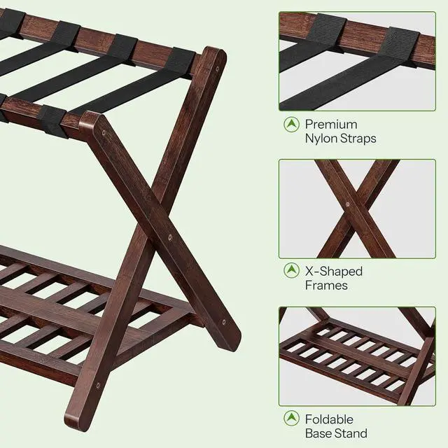 Alt view image 6 of 7 - Luggage Racks, Set of 2 Bamboo Suitcase Stands, Folding Luggage Holders, Nylon Strap Support Top, for Guest Room, Hotel, Bedroom, Closet, Dark Brown BR18XLP201