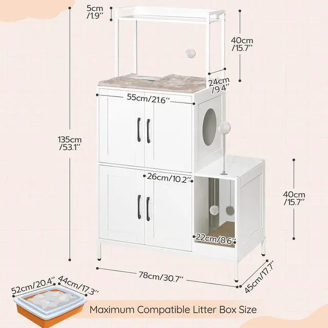 Alt view image 5 of 7 - Litter Box Enclosure, Litter Box Furniture with Storage, 2-in-1 Hidden Cat Furniture with Shelf, 2 Dangling Plush Balls and 1 Toy Ball, Large Wooden Cat Washroom, White WT78MW01