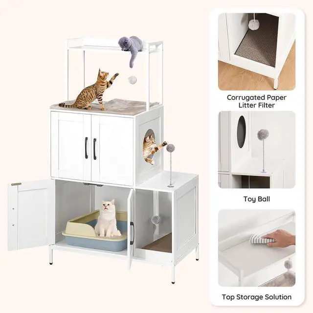Alt view image 6 of 7 - Litter Box Enclosure, Litter Box Furniture with Storage, 2-in-1 Hidden Cat Furniture with Shelf, 2 Dangling Plush Balls and 1 Toy Ball, Large Wooden Cat Washroom, White WT78MW01