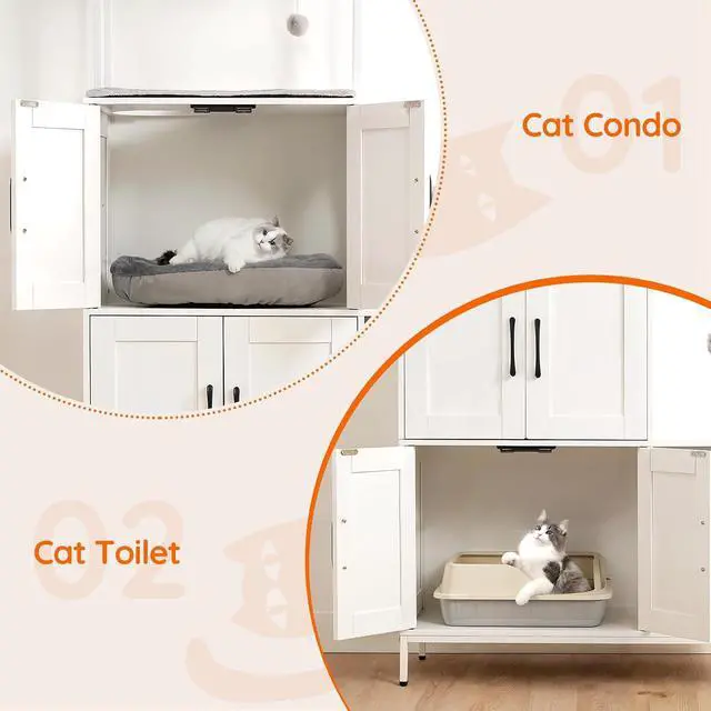 Alt view image 7 of 7 - Litter Box Enclosure, Litter Box Furniture with Storage, 2-in-1 Hidden Cat Furniture with Shelf, 2 Dangling Plush Balls and 1 Toy Ball, Large Wooden Cat Washroom, White WT78MW01