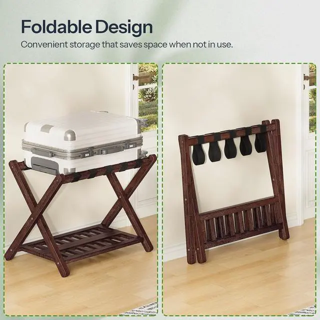 Alt view image 7 of 7 - Luggage Racks, Set of 2 Bamboo Suitcase Stands, Folding Luggage Holders, Nylon Strap Support Top, for Guest Room, Hotel, Bedroom, Closet, Dark Brown BR18XLP201