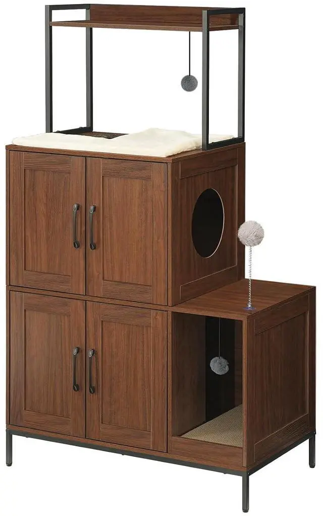 Main image of Litter Box Enclosure, Litter Box Furniture with Storage, 2-in-1 Hidden Cat Furniture with Shelf, 2 Dangling Plush Balls and 1 Toy Ball, Large Wooden Cat Washroom, Walnut WL78MW01