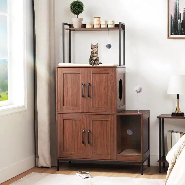 Alt view image 2 of 7 - Litter Box Enclosure, Litter Box Furniture with Storage, 2-in-1 Hidden Cat Furniture with Shelf, 2 Dangling Plush Balls and 1 Toy Ball, Large Wooden Cat Washroom, Walnut WL78MW01