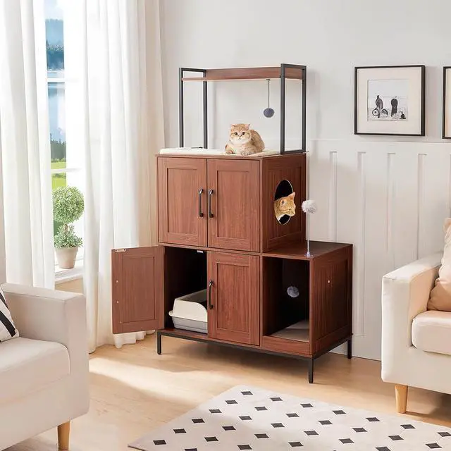 Alt view image 3 of 7 - Litter Box Enclosure, Litter Box Furniture with Storage, 2-in-1 Hidden Cat Furniture with Shelf, 2 Dangling Plush Balls and 1 Toy Ball, Large Wooden Cat Washroom, Walnut WL78MW01