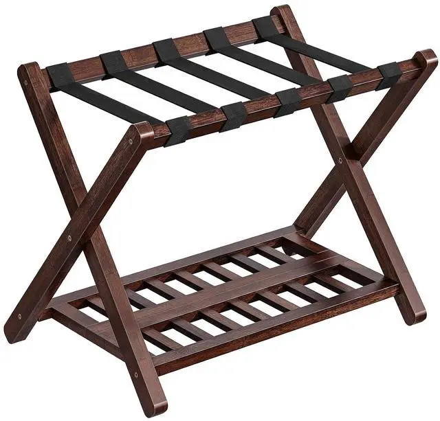 Main image of Luggage Rack, Bamboo Suitcase Stand, Folding Luggage Holder, Nylon Strap Support Top, for Guest Room, Hotel, Bedroom, Closet, Dark Brown BR18XL01
