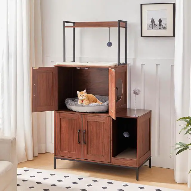Alt view image 4 of 7 - Litter Box Enclosure, Litter Box Furniture with Storage, 2-in-1 Hidden Cat Furniture with Shelf, 2 Dangling Plush Balls and 1 Toy Ball, Large Wooden Cat Washroom, Walnut WL78MW01