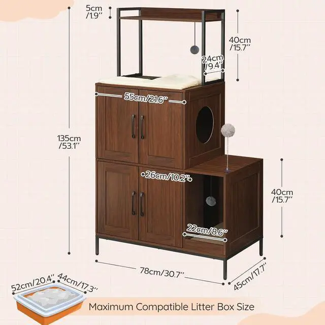 Alt view image 5 of 7 - Litter Box Enclosure, Litter Box Furniture with Storage, 2-in-1 Hidden Cat Furniture with Shelf, 2 Dangling Plush Balls and 1 Toy Ball, Large Wooden Cat Washroom, Walnut WL78MW01