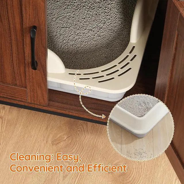 Alt view image 6 of 7 - Litter Box Enclosure, Litter Box Furniture with Storage, 2-in-1 Hidden Cat Furniture with Shelf, 2 Dangling Plush Balls and 1 Toy Ball, Large Wooden Cat Washroom, Walnut WL78MW01