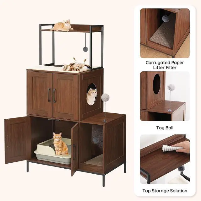 Alt view image 7 of 7 - Litter Box Enclosure, Litter Box Furniture with Storage, 2-in-1 Hidden Cat Furniture with Shelf, 2 Dangling Plush Balls and 1 Toy Ball, Large Wooden Cat Washroom, Walnut WL78MW01