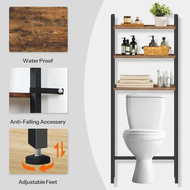 Alt view image 4 of 7 - Over The Toilet Storage, 3-Tier Bathroom Organizer Shelf Over Toilet, Freestanding Bathroom Storage Shelves, Space Saver, Easy to Assemble for Room, Rustic Brown and Black BF41TS01