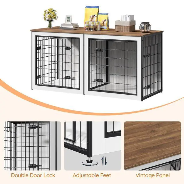 Alt view image 4 of 7 - Dog Crate Furniture for 2 Dogs, 63" Large Double Dog Crate Furniture with Divider, Wooden Indoor Kennel TV Stand for Medium Large Dogs, White and Walnut WH55GW03