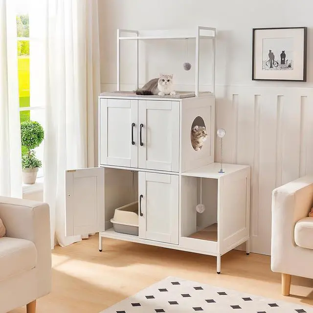 Alt view image 3 of 7 - Litter Box Enclosure, Litter Box Furniture with Storage, 2-in-1 Hidden Cat Furniture with Shelf, 2 Dangling Plush Balls and 1 Toy Ball, Large Wooden Cat Washroom, White WT78MW01