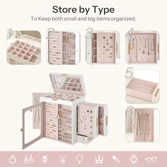 Alt view image 4 of 7 - Jewelry Box with Mirror and Jewelry Organizer Bundle, Capacious Storage Space, Gift for Loved Ones, for Earrings, Rings, Necklaces, Bracelets, Modern Style WT03JB04G2-WT06JB04G1