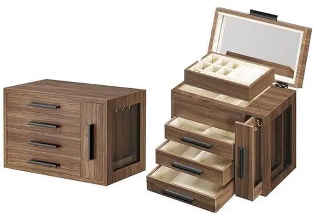 Main image of Jewelry Box for Women Girls and Jewelry Box with Mirror Bundles, Wooden Jewelry Organizer with Transparent Window, Jewelry Holder Organizer for Earrings, Necklaces, Rings BH09JB04-BH22JB04