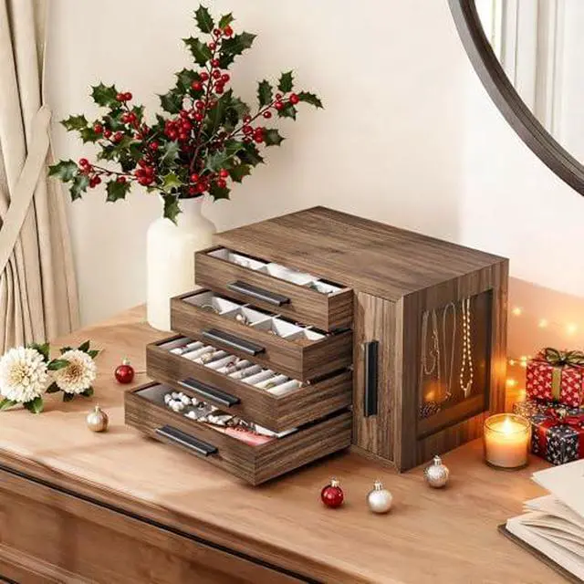 Alt view image 2 of 7 - Jewelry Box for Women Girls and Jewelry Box with Mirror Bundles, Wooden Jewelry Organizer with Transparent Window, Jewelry Holder Organizer for Earrings, Necklaces, Rings BH09JB04-BH22JB04