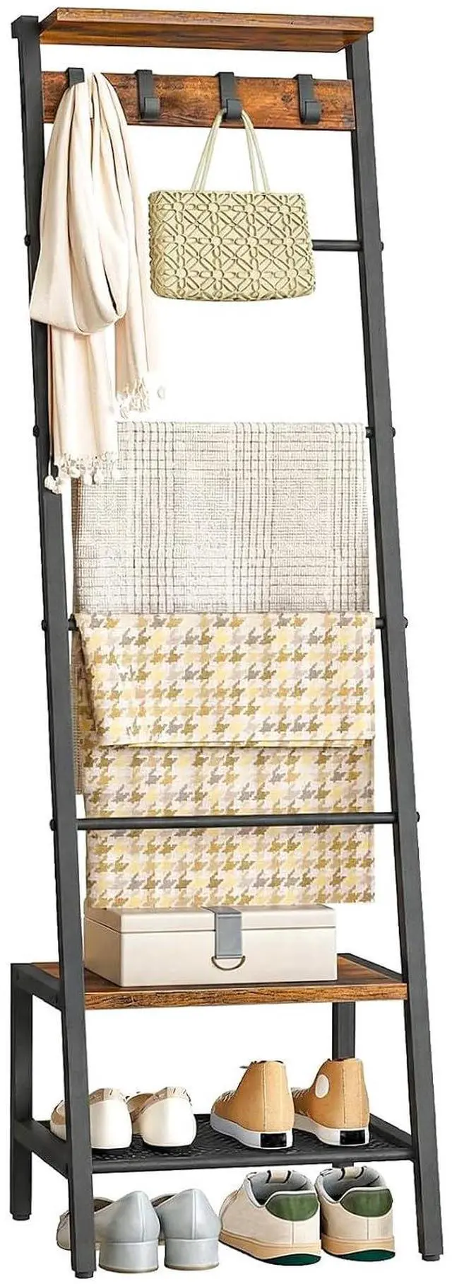 Main image of Blanket Ladder, 7-Tier Giraffe Shape Towel Rack for Living Room and Bedroom, 63.4" H Decorative Ladder Shelf with Hooks, Metal Frame, Industrial Style, Rustic Brown and Black BF13CJ01