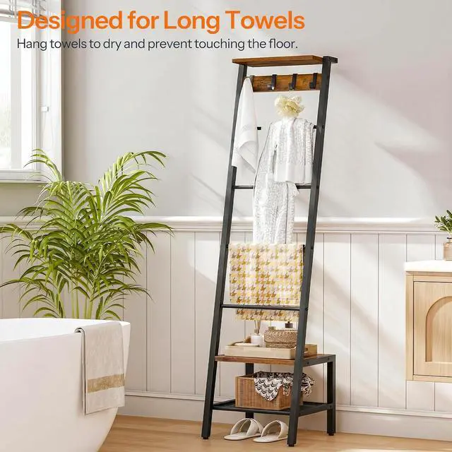 Alt view image 2 of 7 - Blanket Ladder, 7-Tier Giraffe Shape Towel Rack for Living Room and Bedroom, 63.4" H Decorative Ladder Shelf with Hooks, Metal Frame, Industrial Style, Rustic Brown and Black BF13CJ01