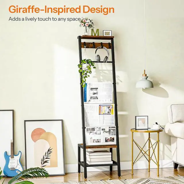 Alt view image 4 of 7 - Blanket Ladder, 7-Tier Giraffe Shape Towel Rack for Living Room and Bedroom, 63.4" H Decorative Ladder Shelf with Hooks, Metal Frame, Industrial Style, Rustic Brown and Black BF13CJ01