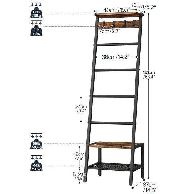 Alt view image 5 of 7 - Blanket Ladder, 7-Tier Giraffe Shape Towel Rack for Living Room and Bedroom, 63.4" H Decorative Ladder Shelf with Hooks, Metal Frame, Industrial Style, Rustic Brown and Black BF13CJ01