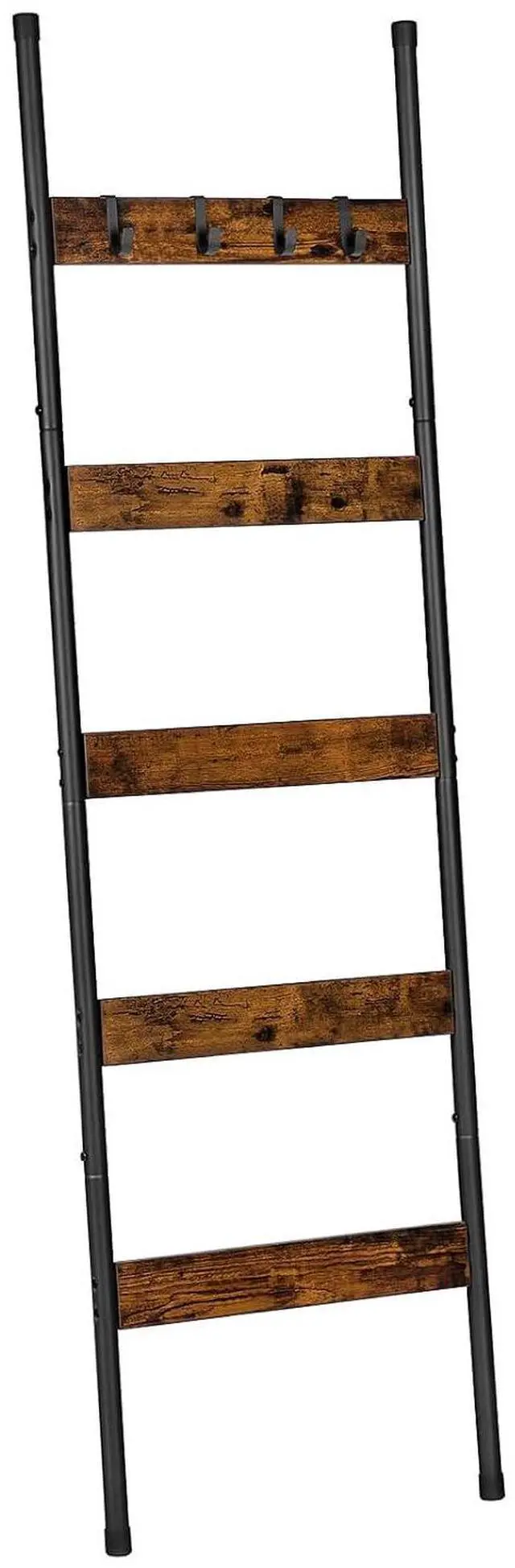 Main image of Blanket Ladder, 5-Tier Towel Rack with Hooks, Wall-Leaning Blanket Rack, Decorative Display Ladder Shelf, for Scarves, Industrial, Living Room, Bedroom, Rustic Brown and Black BF52CJ01