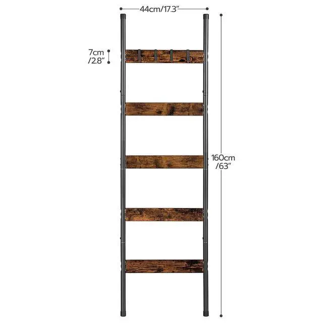 Alt view image 3 of 7 - Blanket Ladder, 5-Tier Towel Rack with Hooks, Wall-Leaning Blanket Rack, Decorative Display Ladder Shelf, for Scarves, Industrial, Living Room, Bedroom, Rustic Brown and Black BF52CJ01