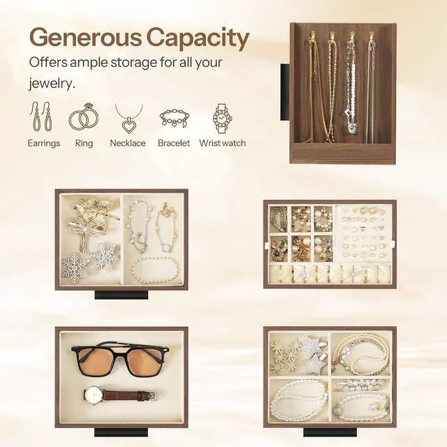 Alt view image 5 of 7 - Jewelry Box with Mirror, Wooden Jewelry Organizer Box with Side Clear Acrylic Panel, Large Jewelry Case for Earrings, Necklaces, Rings, Watches, Walnut BH22JB04